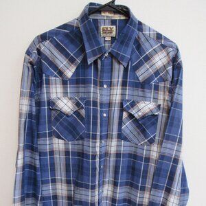 Ely Cattleman Tall Man Blue Plaid Long Sleeve Pearl Snap Shirt XLT 17.5-37